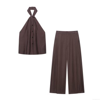 Women's Summer Halter Neck Sleeveless Button Top and Double Pleated High Waist Wide Leg Pants Two Piece Set 100% Polyester Solid Color Satin Texture Elegant Streetwear Outfit Coffee