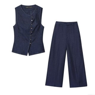 Women Denim Vest Wide Leg Pants Two Piece Set V Neck Double Breasted Sleeveless Vest High Waist Straight Trousers Casual Western Streetwear Navy Blue Suit