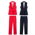Women's Professional Linen Blend Vest And Trousers Set Sleeveless Single Breasted Waistcoat Straight Leg Pants Two Piece Office Business Suit Red Navy Blue