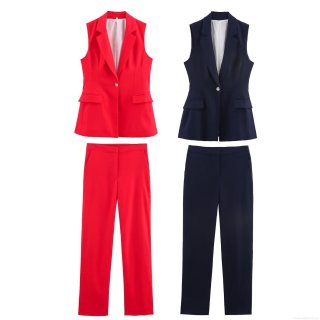 Women's Professional Linen Blend Vest And Trousers Set Sleeveless Single Breasted Waistcoat Straight Leg Pants Two Piece Office Business Suit Red Navy Blue