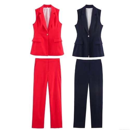 Women's Professional Linen Blend Vest And Trousers Set Sleeveless Single Breasted Waistcoat Straight Leg Pants Two Piece Office Business Suit Red Navy Blue