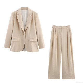 Women's 2 Piece Blazer Suit Set Linen Blend Single Button Blazer Jacket And High Waist Wide Leg Pants Office Commuter Chic Outfits Set