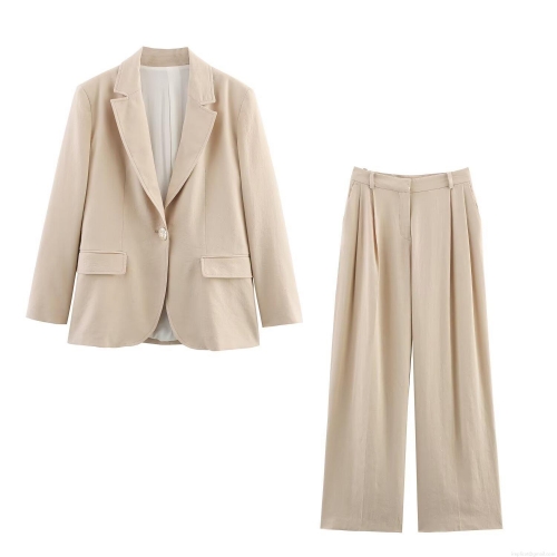 Women's 2 Piece Blazer Suit Set Linen Blend Single Button Blazer Jacket And High Waist Wide Leg Pants Office Commuter Chic Outfits Set