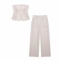 Women's Elegant Two-Piece Set Cotton Linen Bandeau Tube Top With Ruffle Peplum Hem And High Waist Wide Leg Pants Contrast Stitching Sleeveless Street Style Summer Outfit