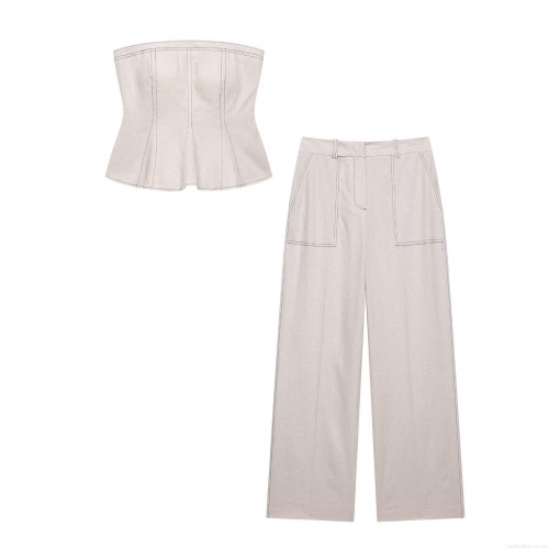 Women's Elegant Two-Piece Set Cotton Linen Bandeau Tube Top With Ruffle Peplum Hem And High Waist Wide Leg Pants Contrast Stitching Sleeveless Street Style Summer Outfit
