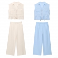 Women's Casual Two Piece Pants Set Summer Sleeveless Vest Top With Zipper Pockets And Drawstring High Waist Wide Leg Pants Streetwear Outfit
