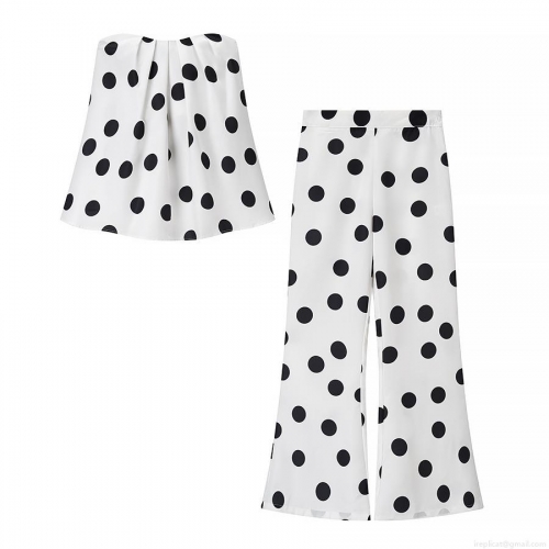 Women's Summer Polka Dot Two Piece Set Strapless Tube Top And Wide Leg Long Pants Polyester Casual Streetwear Suit For Vacation Beach Party Women