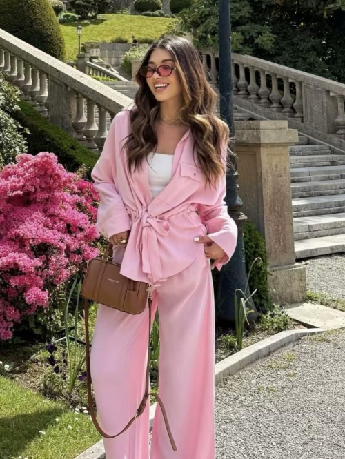 Women's 2 Piece Outfits Casual Long Sleeve Button Down Shirt and High Waist Wide Leg Pants Set Summer Solid Color Streetwear Set for Women