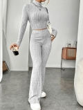 Women's 2 Piece Ribbed Knit Outfits Set Long Sleeve Mock Neck Crop Top and High Waist Wide Leg Flared Pants Casual Lounge Sporty Suits Solid Color Grey