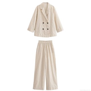 Women's Sequin Vertical Striped 2 Piece Set Double Breasted Blazer And High Waist Wide Leg Pants Casual Elegant Streetwear Outfit For Women