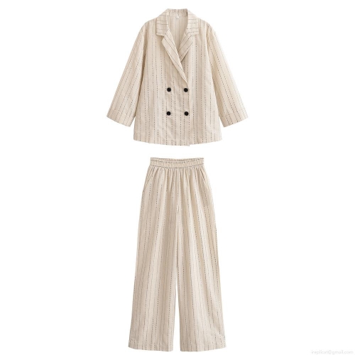 Women's Sequin Vertical Striped 2 Piece Set Double Breasted Blazer And High Waist Wide Leg Pants Casual Elegant Streetwear Outfit For Women