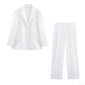 Women's Professional White Blazer and Pants Set Solid Color Single Button Notched Lapel Long Sleeve Woven Polyester Suit Business Casual Two Piece Outfit for Office Lady