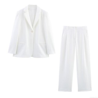 Women's Professional White Blazer and Pants Set Solid Color Single Button Notched Lapel Long Sleeve Woven Polyester Suit Business Casual Two Piece Outfit for Office Lady