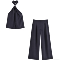 Women's 2 Piece Outfits Halter Backless Button Vest Top and High Waist Pleated Wide Leg Pants Casual Suit Streetwear Summer Matching Set for Women