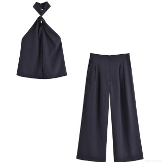Women's 2 Piece Outfits Halter Backless Button Vest Top and High Waist Pleated Wide Leg Pants Casual Suit Streetwear Summer Matching Set for Women