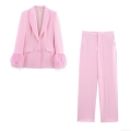 Women Elegant Pink Blazer And Pants 2 Piece Set With Feather Cuffs Long Sleeve Button Blazer High Waist Straight Wide Leg Trousers For Party Wedding Celebration Chic Formal Outfits