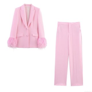 Women Elegant Pink Blazer And Pants 2 Piece Set With Feather Cuffs Long Sleeve Button Blazer High Waist Straight Wide Leg Trousers For Party Wedding Celebration Chic Formal Outfits