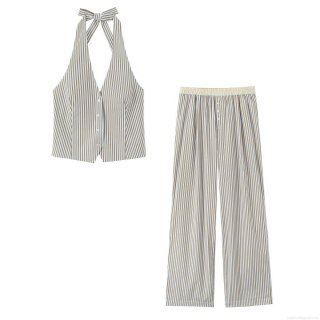 Cotton Blend Women's Summer Striped Halter Neck Button Top And Wide Leg Pants Set Sleeveless Backless Streetwear Two Piece Outfit For Ladies