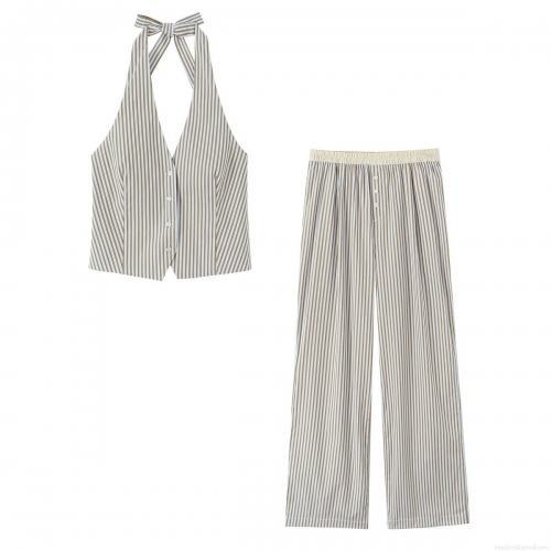 Cotton Blend Women's Summer Striped Halter Neck Button Top And Wide Leg Pants Set Sleeveless Backless Streetwear Two Piece Outfit For Ladies