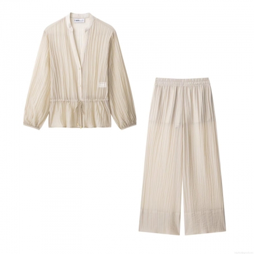 Women's Two Piece Outfits Summer Pleated Long Sleeve V Neck Shirt And High Waist Wide Leg Pants Set Solid Color Casual Streetwear Beach Sets