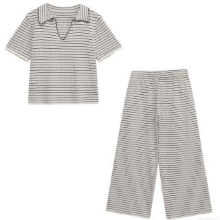 Women's Casual Knit Striped Two Piece Set V Neck Short Sleeve Polo Top And Elastic Waist Wide Leg Pants Ribbed Texture Summer Lounge Streetwear Outfit