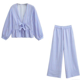 Women Two Piece Set Sexy V Neck Bow Tie Striped Long Sleeve Blouse Top and High Waist Wide Leg Pants Polyester Summer Street Style Casual Outfits