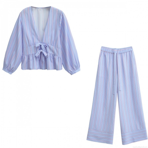 Women Two Piece Set Sexy V Neck Bow Tie Striped Long Sleeve Blouse Top and High Waist Wide Leg Pants Polyester Summer Street Style Casual Outfits
