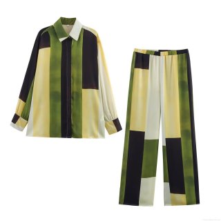 Women's Satin Geometric Color Block Two-Piece Set Patchwork Long Sleeve Lapel Shirt And High Waist Wide Leg Pants Casual Fashion Streetwear Outfit