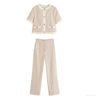 Women's Casual Blazer and Pants Two Piece Set Short Sleeve Round Neck Contrast Binding Jacket With High Waist Wide Leg Trousers Polyester Office Wear
