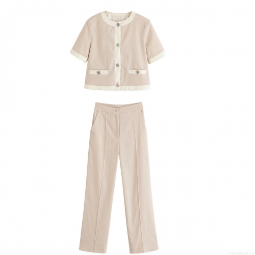 Women's Casual Blazer and Pants Two Piece Set Short Sleeve Round Neck Contrast Binding Jacket With High Waist Wide Leg Trousers Polyester Office Wear