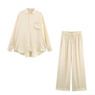 Women's 2 Piece Satin Outfits Long Sleeve Button Down Shirt and High Waist Wide Leg Pants Set Casual Lounge Streetwear Solid Color Two Piece Pajama Sets