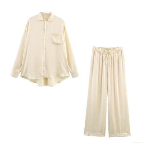 Women's 2 Piece Satin Outfits Long Sleeve Button Down Shirt and High Waist Wide Leg Pants Set Casual Lounge Streetwear Solid Color Two Piece Pajama Sets