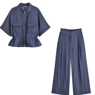 Women's Summer Polyester Two Piece Set Solid Color Zipper Short Sleeve Shirt and Drawstring Wide Leg Pants Streetwear Tracksuit Outfits