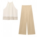 Summer Women's Halter Neck Lace Hem Top And High Waist Pleated Wide Leg Pants Two Piece Set Off White Khaki European Casual Streetwear Outfit