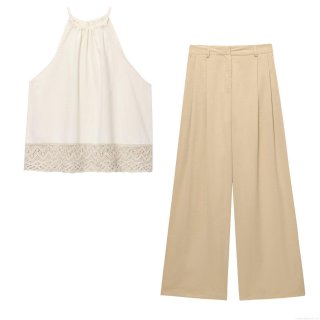 Summer Women's Halter Neck Lace Hem Top And High Waist Pleated Wide Leg Pants Two Piece Set Off White Khaki European Casual Streetwear Outfit