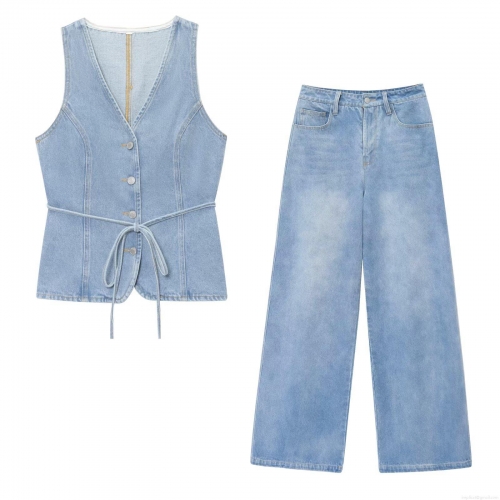 Women Denim Two Piece Set V Neck Sleeveless Button Vest With Belt And High Waist Wide Leg Long Pants Light Blue Streetwear Casual Outfit