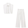 Women's Casual White Two-Piece Outfits Set Sleeveless Zipper Lapel Vest And Wide Leg Drawstring Pants High Street Streetwear Outfits For Summer