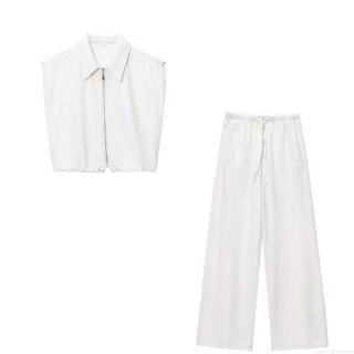 Women's Casual White Two-Piece Outfits Set Sleeveless Zipper Lapel Vest And Wide Leg Drawstring Pants High Street Streetwear Outfits For Summer