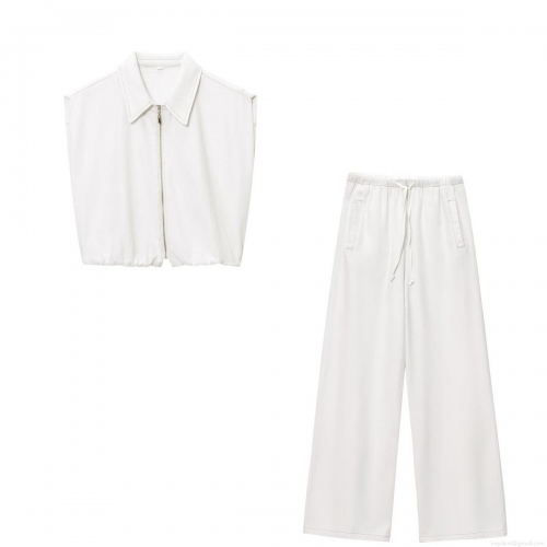 Women's Casual White Two-Piece Outfits Set Sleeveless Zipper Lapel Vest And Wide Leg Drawstring Pants High Street Streetwear Outfits For Summer