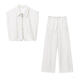 Women's Two Piece Set Sleeveless Zipper Lapel Vest Top and High Waist Wide Leg Drawstring Pants Solid White Streetwear Casual Summer Outfit