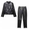 Women's 2025 Autumn European Style PU Leather Two Piece Set Stand Collar Zipper Biker Jacket And Straight Long Pants Suit Black Streetwear Outfit For Women