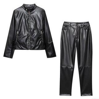 Women's 2025 Autumn European Style PU Leather Two Piece Set Stand Collar Zipper Biker Jacket And Straight Long Pants Suit Black Streetwear Outfit For Women