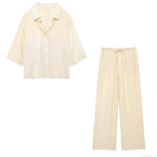 Women Casual Crinkle Jacquard Two Piece Set 100% Polyester Loose Long Sleeve Shirt And Wide Leg Pants Lounge Wear Street Style Solid Color Outfits