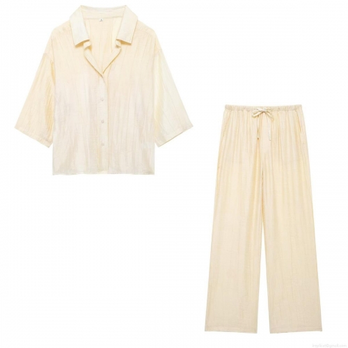 Women Casual Crinkle Jacquard Two Piece Set 100% Polyester Loose Long Sleeve Shirt And Wide Leg Pants Lounge Wear Street Style Solid Color Outfits