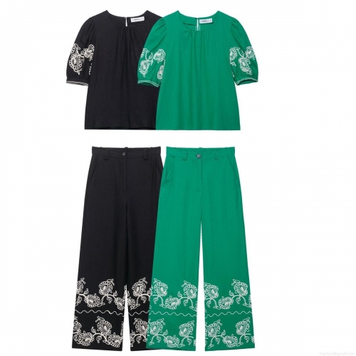 Women's European Style Embroidery Two Piece Set Summer Round Neck Bubble Sleeve Top And High Waist Wide Leg Pants Set Women Clothing