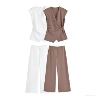 Women's 2 Piece Set Sleeveless V Neck Wrap Top And High Waisted Wide Leg Pants Suit Summer Solid Color Crepe Texture Casual Streetwear Outfits With Decorative Buckle