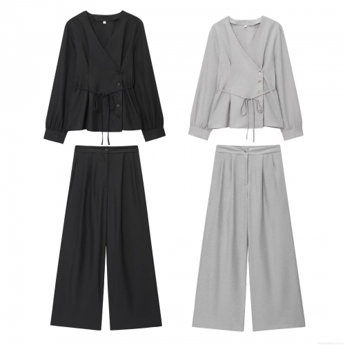 Women's Two Piece Pants Set Polyester Long Sleeve V Neck Wrap Top Lace Up Side Buttons High Waist Wide Leg Long Pants Casual Streetwear Modern Style Ladies Fashion