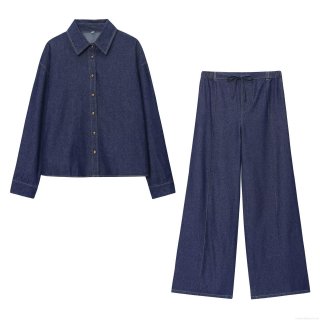 Women's Denim Two Piece Set Long Sleeve Button Up Shirt And High Waist Wide Leg Pants Navy Blue Casual Streetwear Cotton Blend Outfit For Women