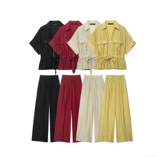 Women's Casual 2 Piece Set Satin Drawstring Short Sleeve Zipper Shirt and High Waist Wide Leg Pants Streetwear Workwear Style Outfits Women Separates