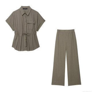 Women's Two Piece Set Short Sleeve Drawstring Cargo Shirt and Wide Leg Pants Casual Streetwear Polyester Blend Linen Texture Outfit